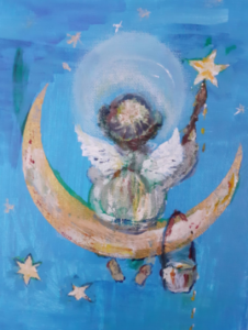 Kartka świąteczna przedstawia aniołka, siedzącego na księżycu. 