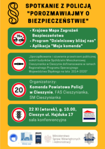 Plakat spotkanie z Policą "Porozmawiajmy o bezpieczeńśtwie"