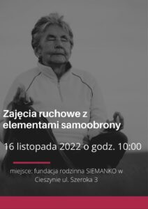 Plakat — zajęcia ruchowe z elementami samoobrony przedstawia medytująca kobietę