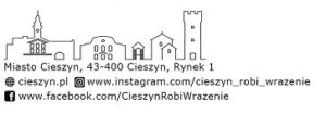Plik przedstawia graficzną reprezentacje charakterystycznych zabudowan miast Cieszyn. Poniżej zbajdują sie inforamcje kontaktowe nr tel. aresu profilu na FB. Całość znajdue się na białym tle.